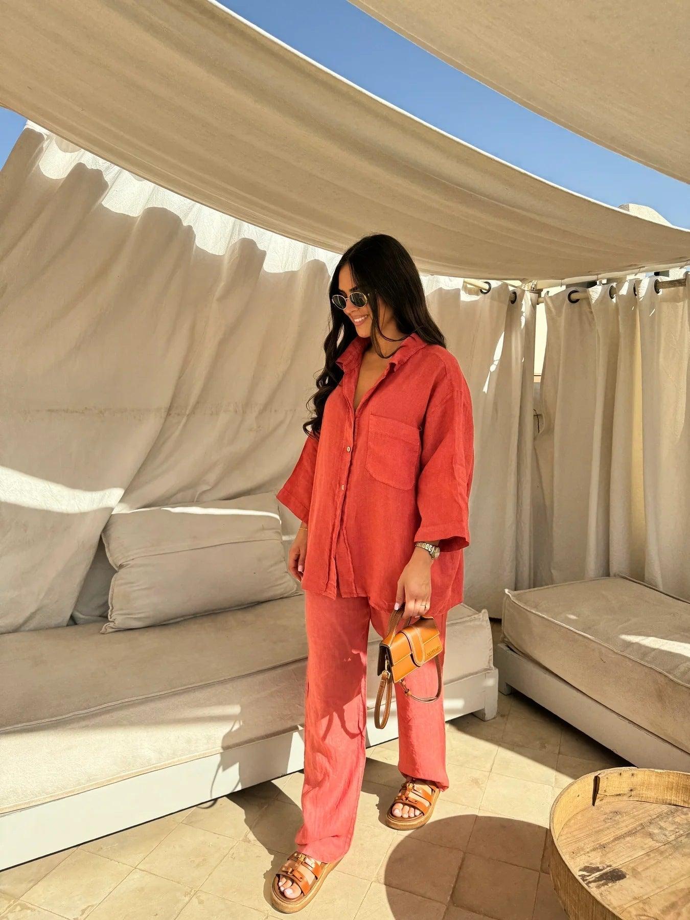 Linnen Button-Down Loungewear Set voor Dames