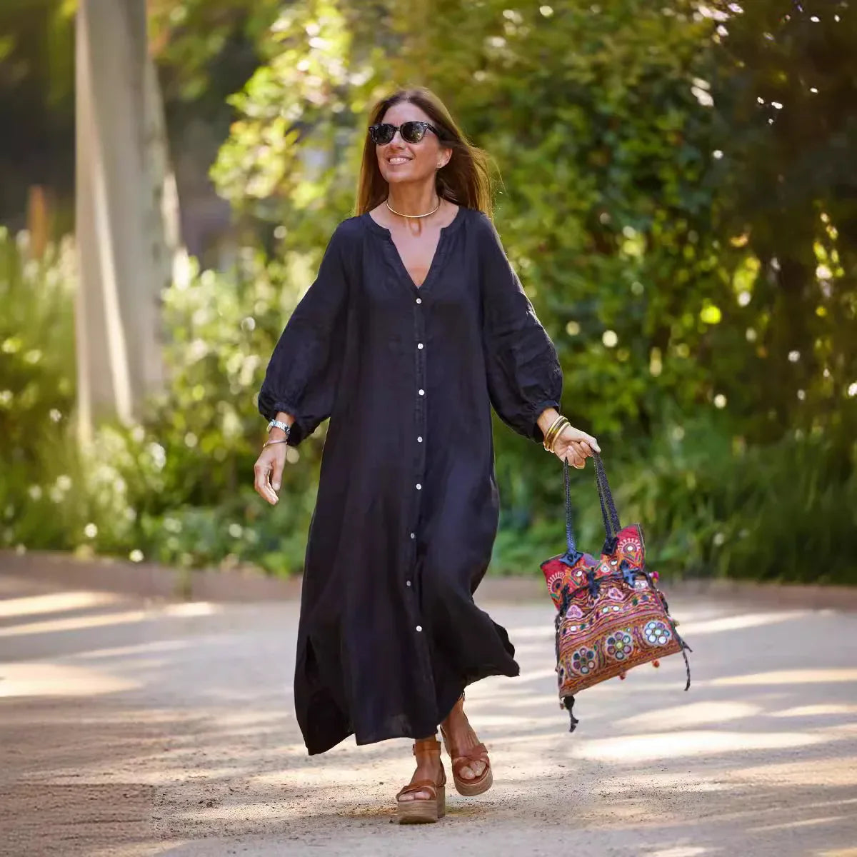 Aileen | V-Hals Maxi Jurk met Pofmouwen voor Dames