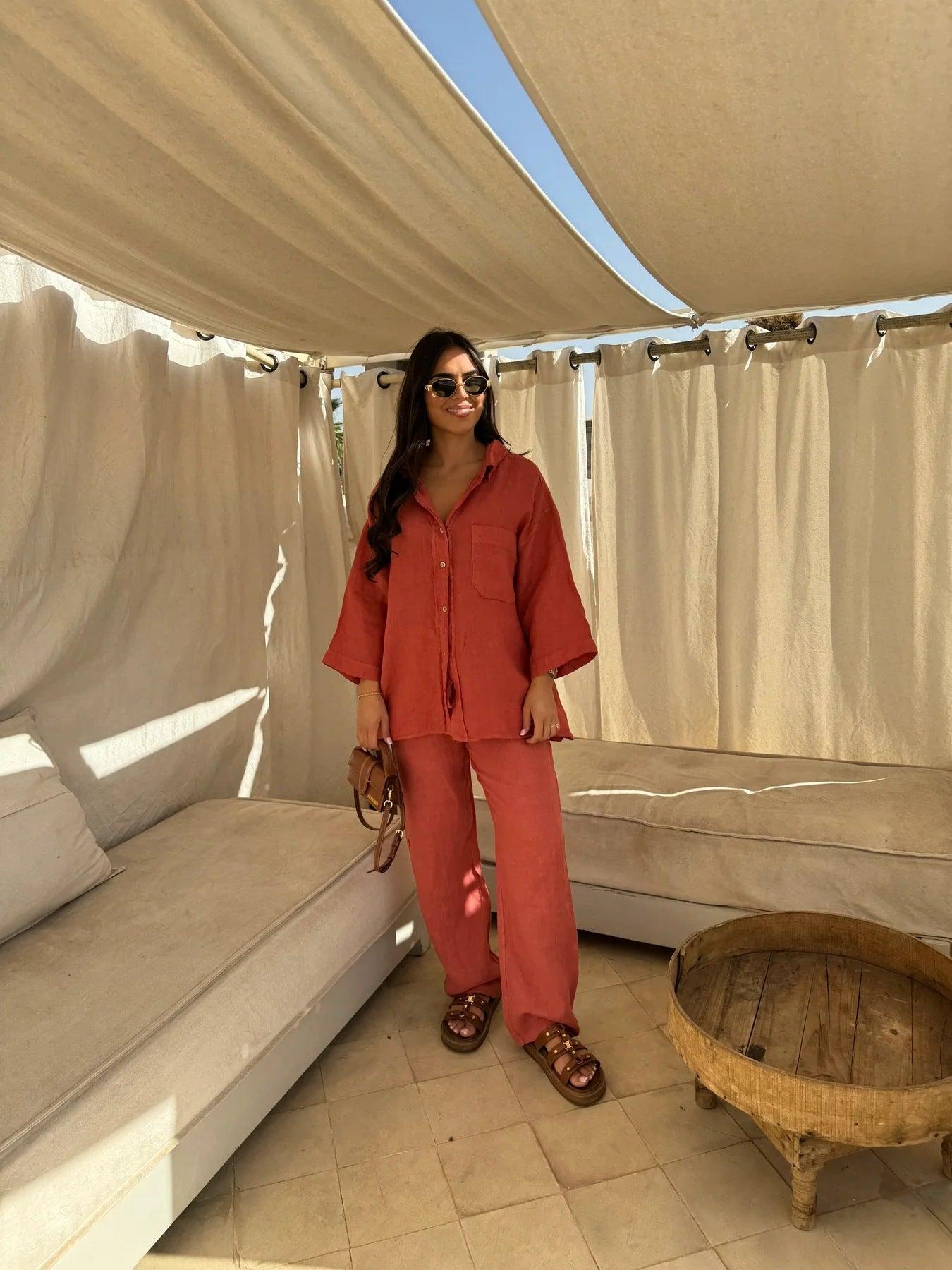 Linnen Button-Down Loungewear Set voor Dames
