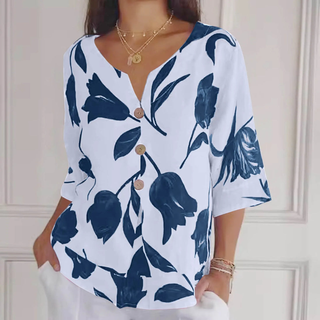 Abel | V-Hals Bloemen Blouse met Driekwartmouwen voor Dames
