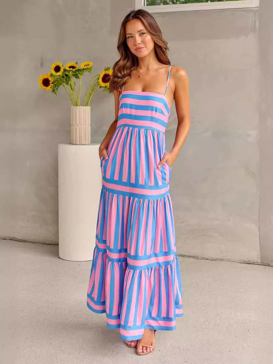 Agata | Gestreepte Maxi Jurk met Spaghettibandjes voor Dames