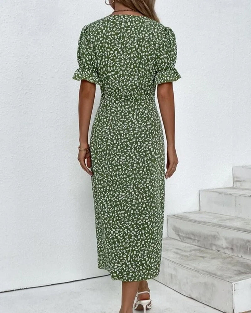 Acelya | Bloemen Maxi Jurk met V-hals en Korte Mouwen voor Dames