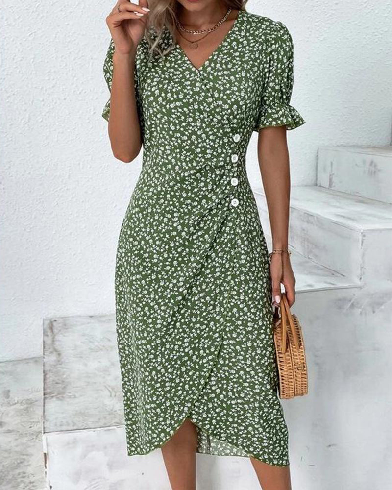 Acelya | Bloemen Maxi Jurk met V-hals en Korte Mouwen voor Dames