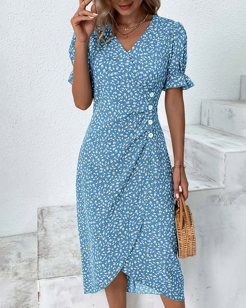 Acelya | Bloemen Maxi Jurk met V-hals en Korte Mouwen voor Dames
