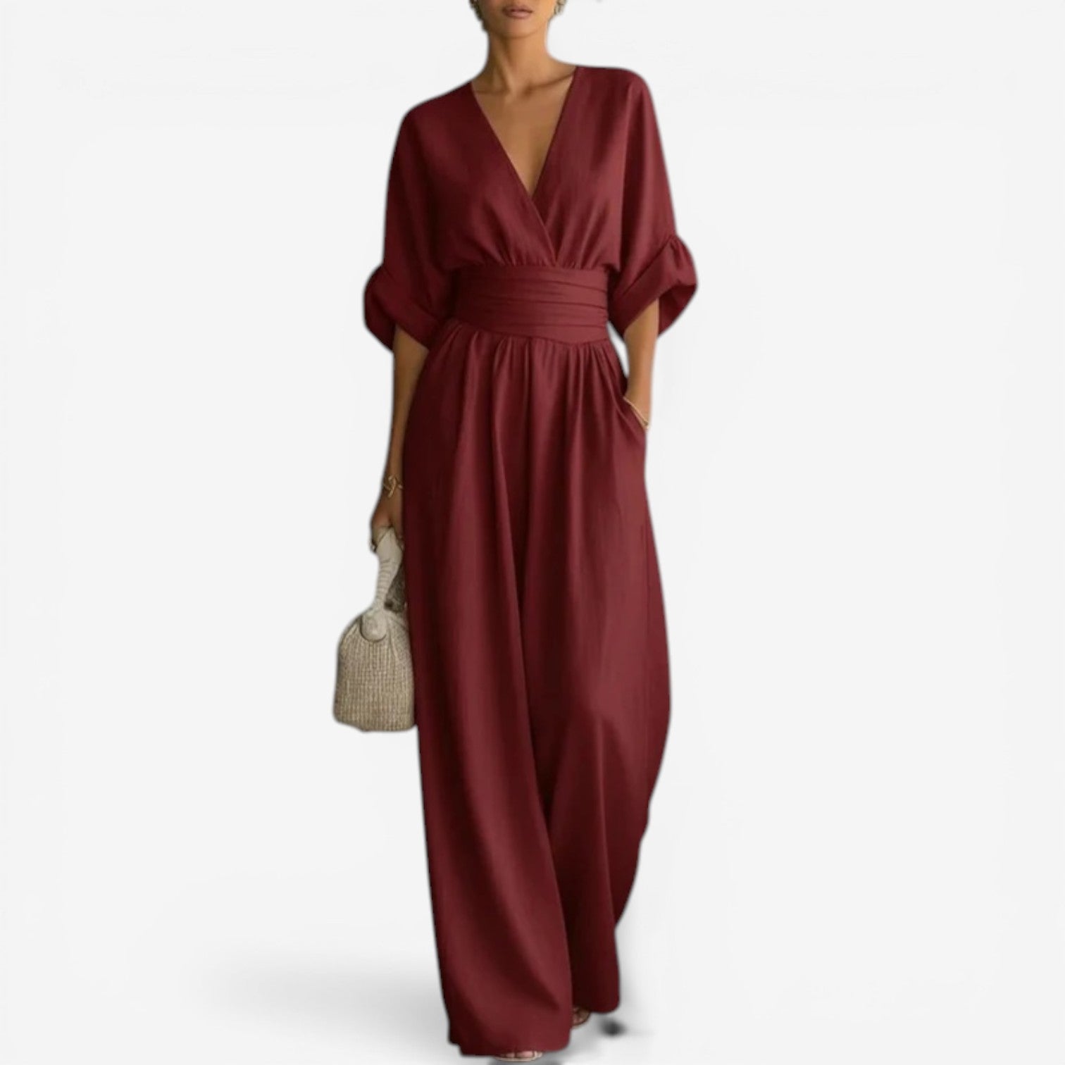 V-Hals Maxi Jumpsuit met Geplooide Details voor Dames