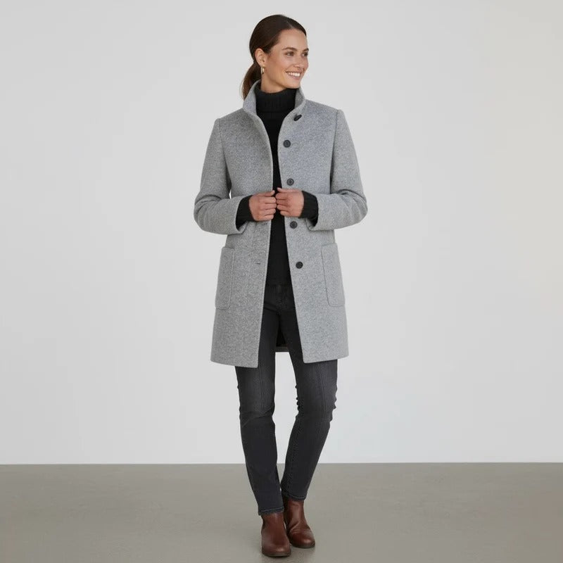 Halflange Winterjas van Wolmix met Opstaande Kraag voor Dames