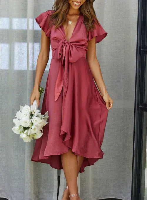 V-Hals Zomerjurk Met Ruche Mouwen en Strik voor Dames