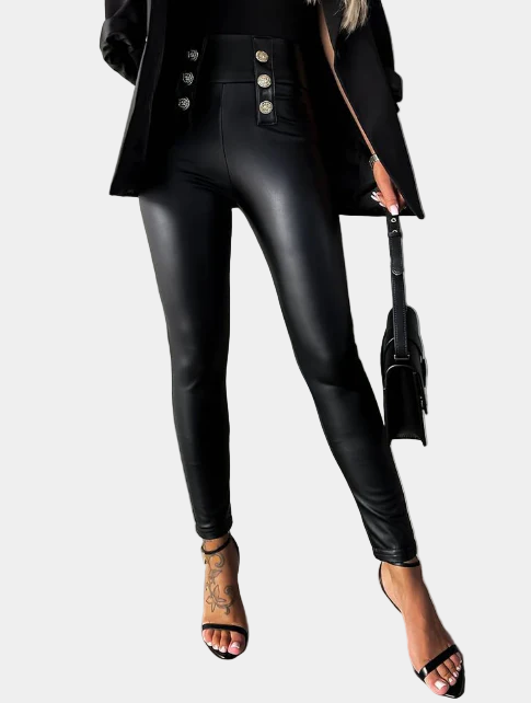 Hoge Taille Leren Broek met Knopen voor Dames