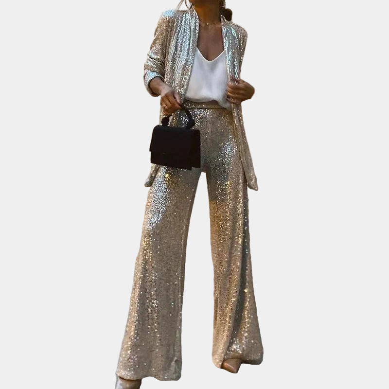 Tweedelige Glitter Set met Jasje en Wijde Broek voor Dames