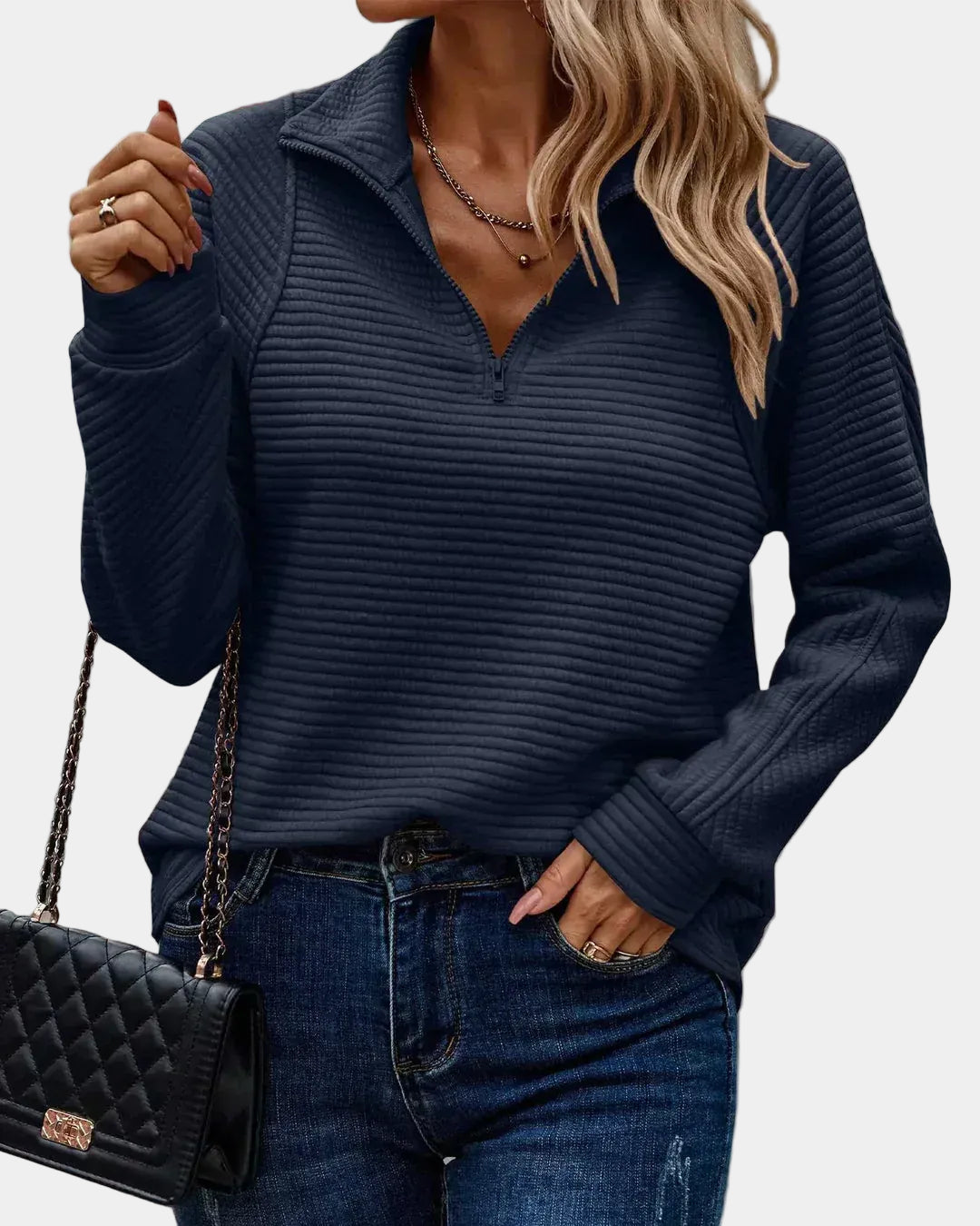 Pullover met Halve Rits en Ribpatroon voor Dames