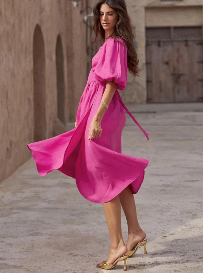 V-hals Wrap Jurk met Pofmouwen voor Dames