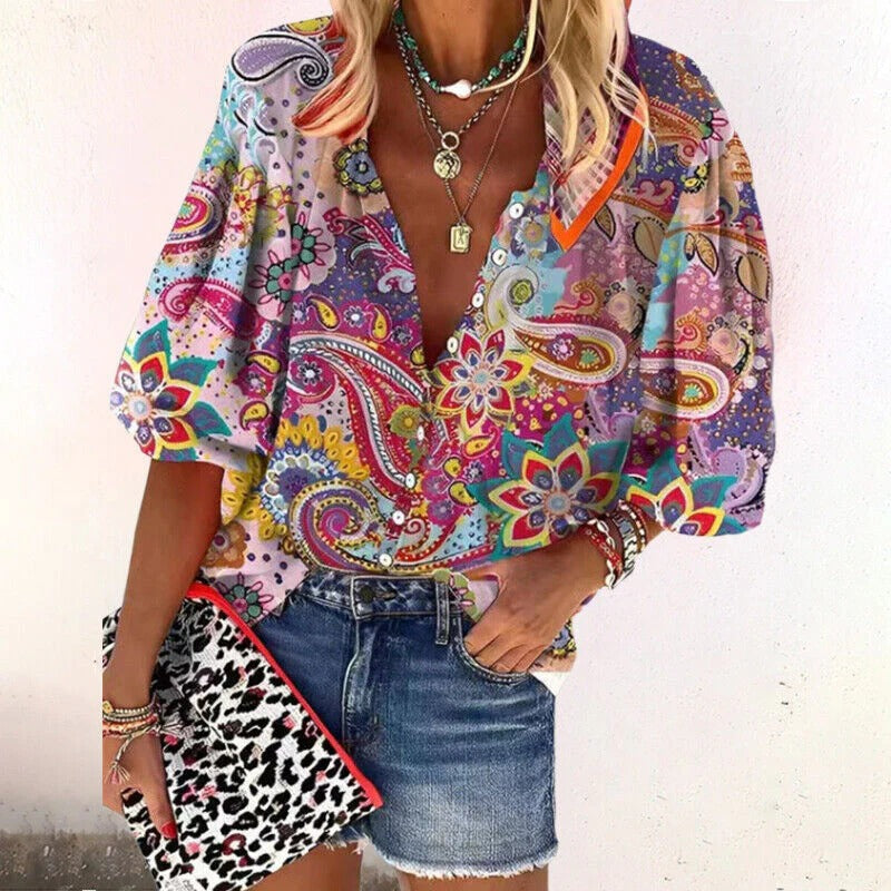 Dames Zomer Printed Blouse met Knoopsluiting en Halflange Mouwen