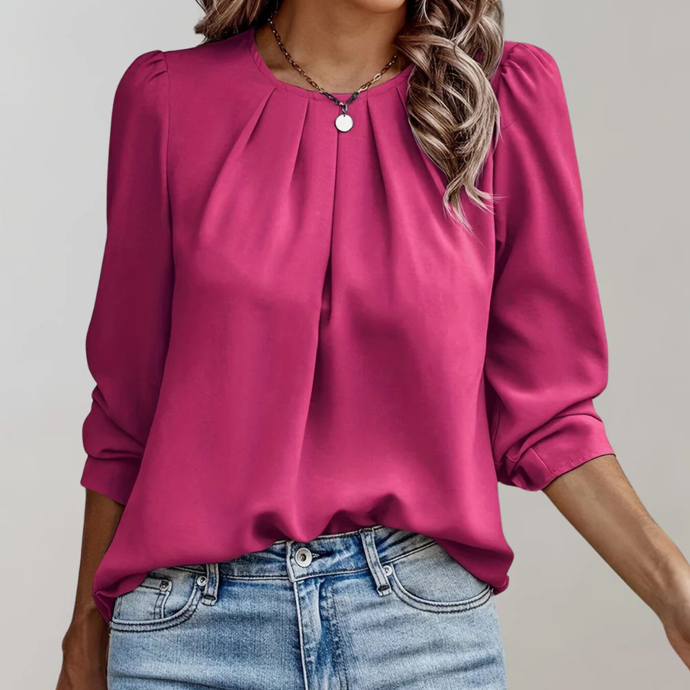 Ronde Hals Chiffon Blouse met Plooien voor Dames
