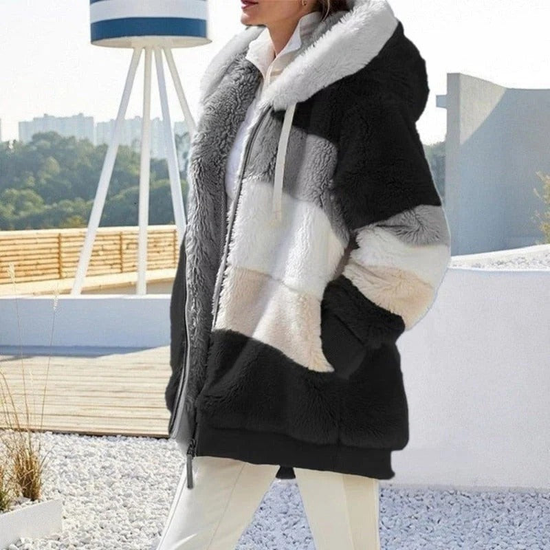 Oversized Teddy Jas met Kleurvlakken en Capuchon voor Dames