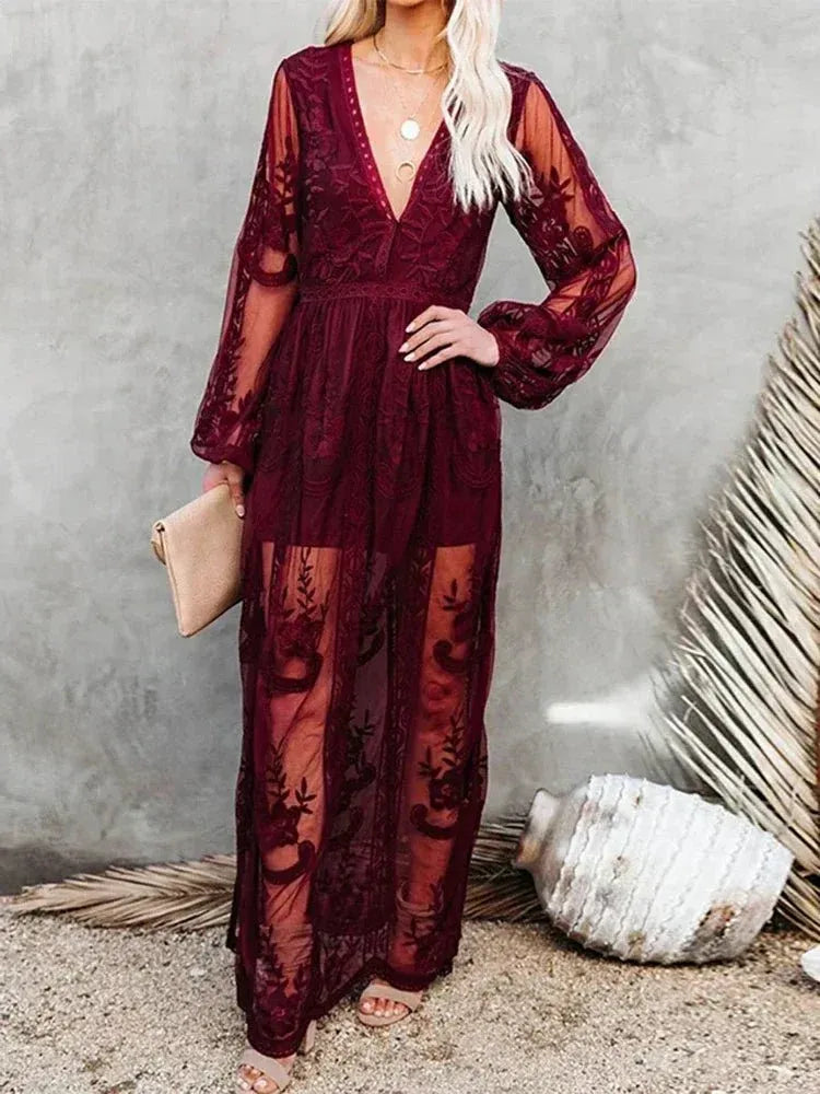 Boho Maxi Jurk met Bloemen Kant voor Dames