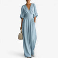 V-Hals Maxi Jumpsuit met Geplooide Details voor Dames