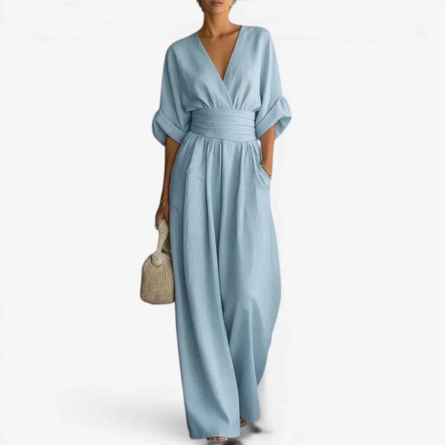V-Hals Maxi Jumpsuit met Geplooide Details voor Dames