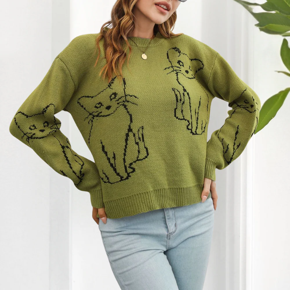 Gebreide Trui met Abstracte Kattenprint voor Dames
