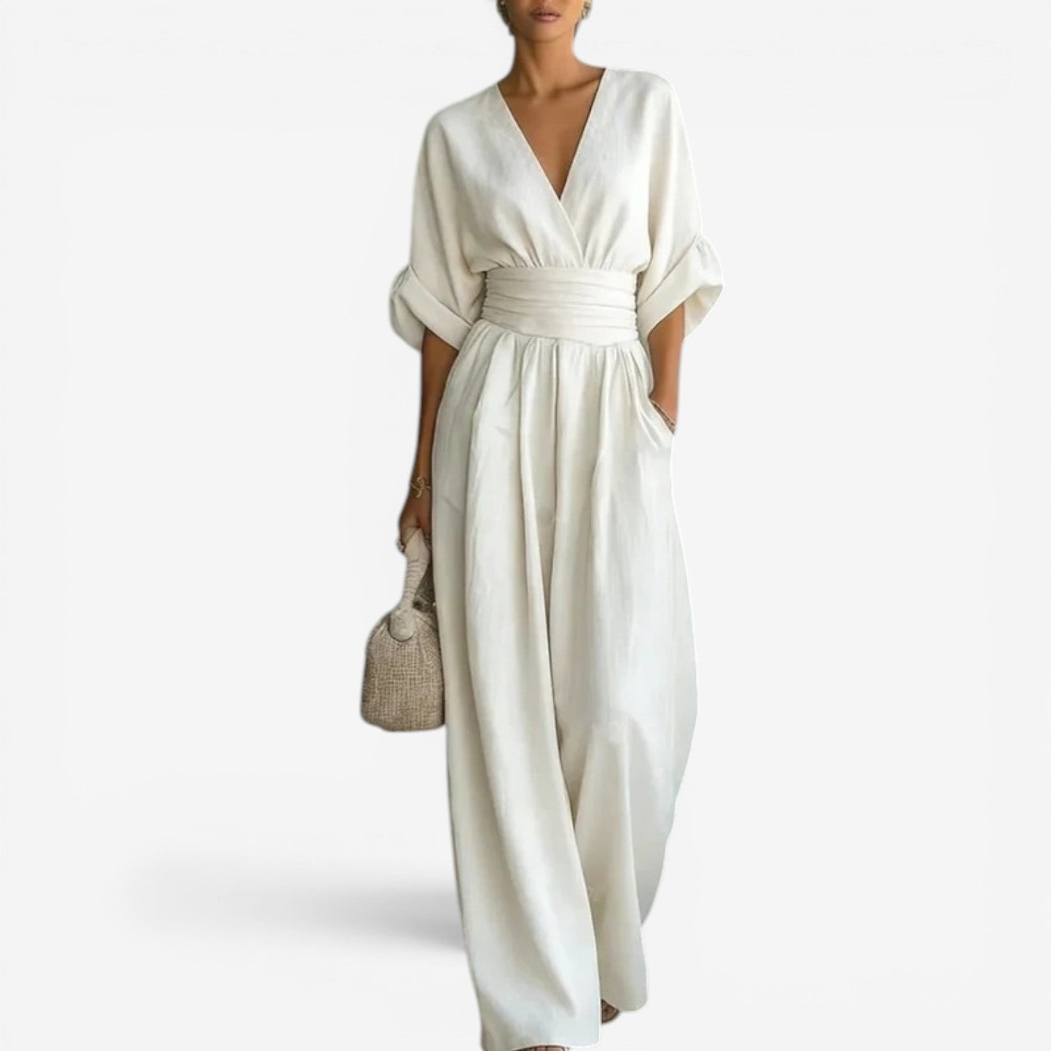 V-Hals Maxi Jumpsuit met Geplooide Details voor Dames