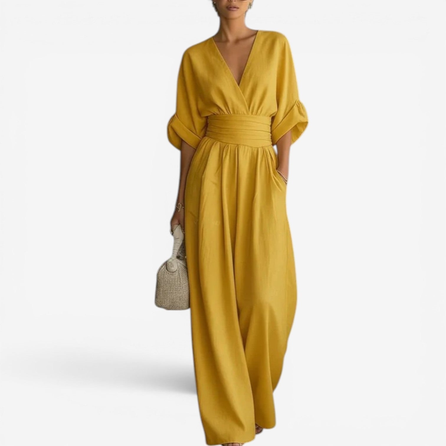 V-Hals Maxi Jumpsuit met Geplooide Details voor Dames