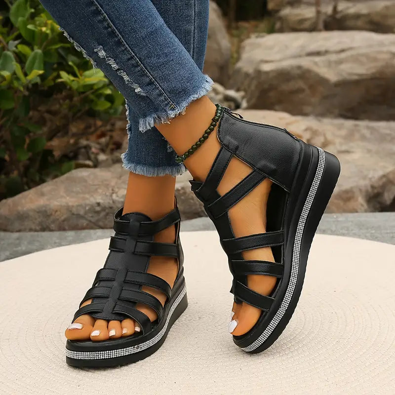 Platform Sandalen met Open Teen en Strass Accenten voor Dames