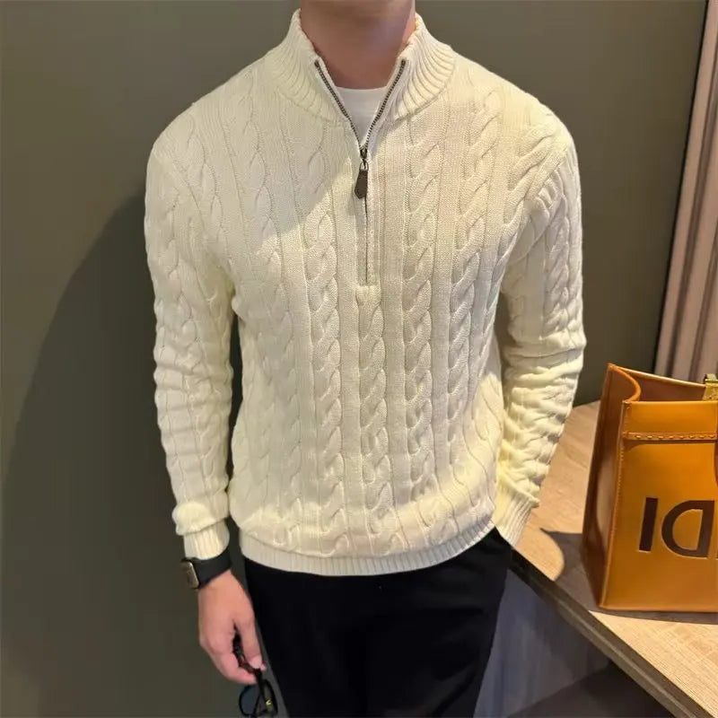 Kabelgebreide Cardigan met Opstaande Kraag voor Heren - Wit