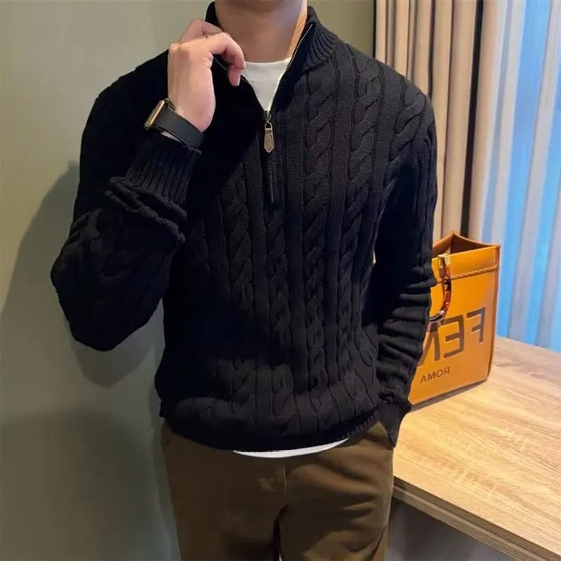 Kabelgebreide Cardigan met Opstaande Kraag voor Heren - Zwart