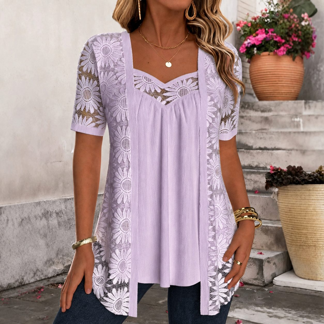 Kant Blouse met Korte Mouwen voor Dames - Licht violet