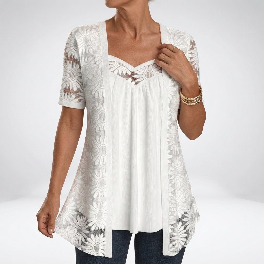Kant Blouse met Korte Mouwen voor Dames - Wit