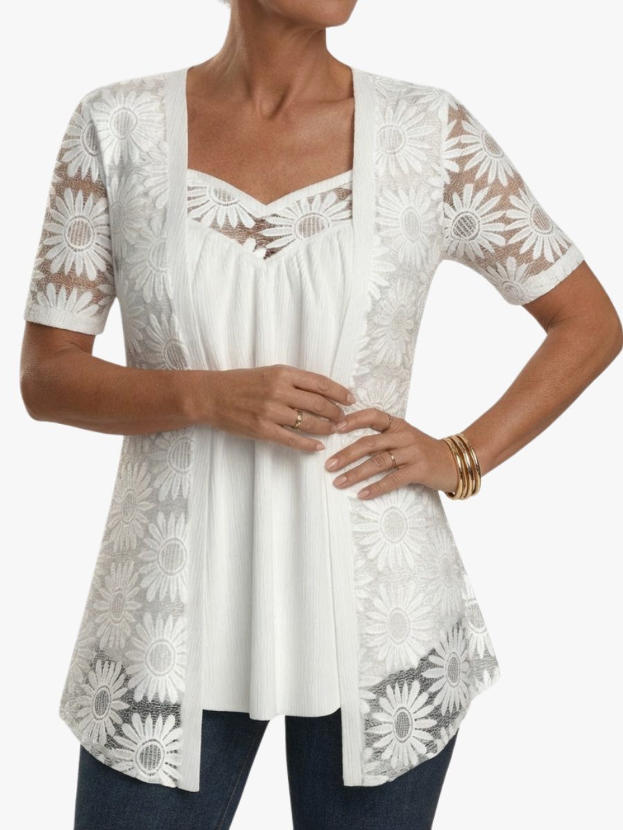 Kant Blouse met Korte Mouwen voor Dames
