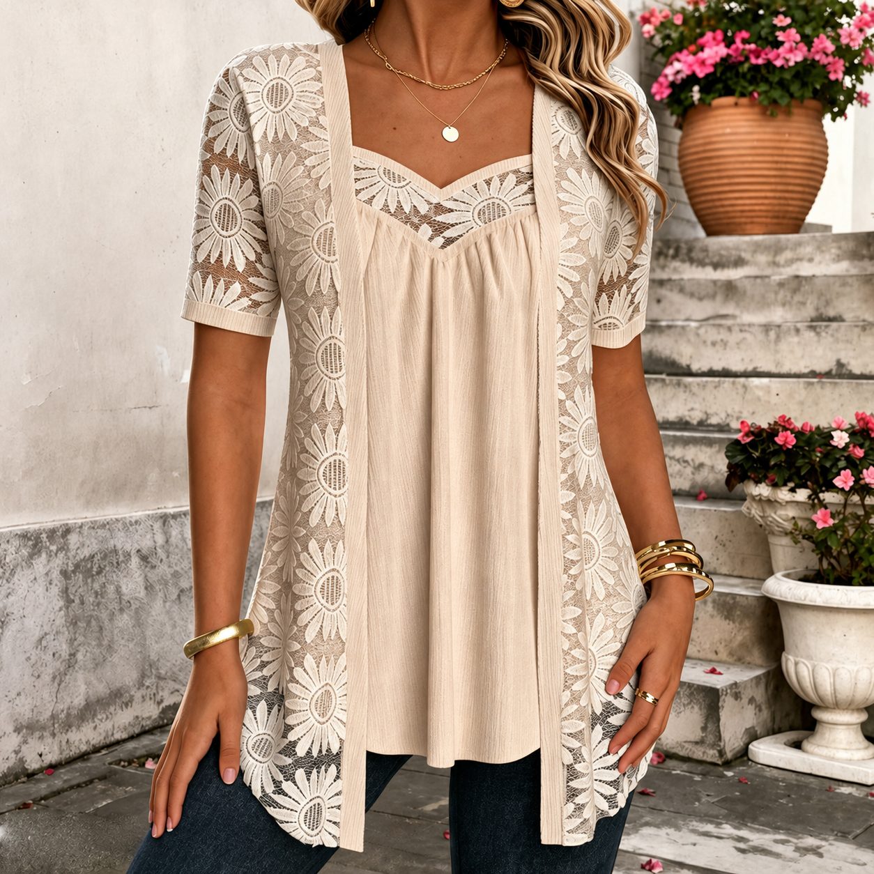 Kant Blouse met Korte Mouwen voor Dames - Abrikoos