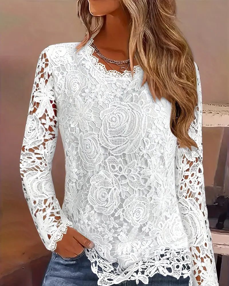 Kanten Blouse met V-Hals en Lange Mouw voor Dames
