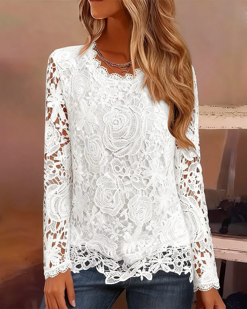Kanten Blouse met V-Hals en Lange Mouw voor Dames - View 3