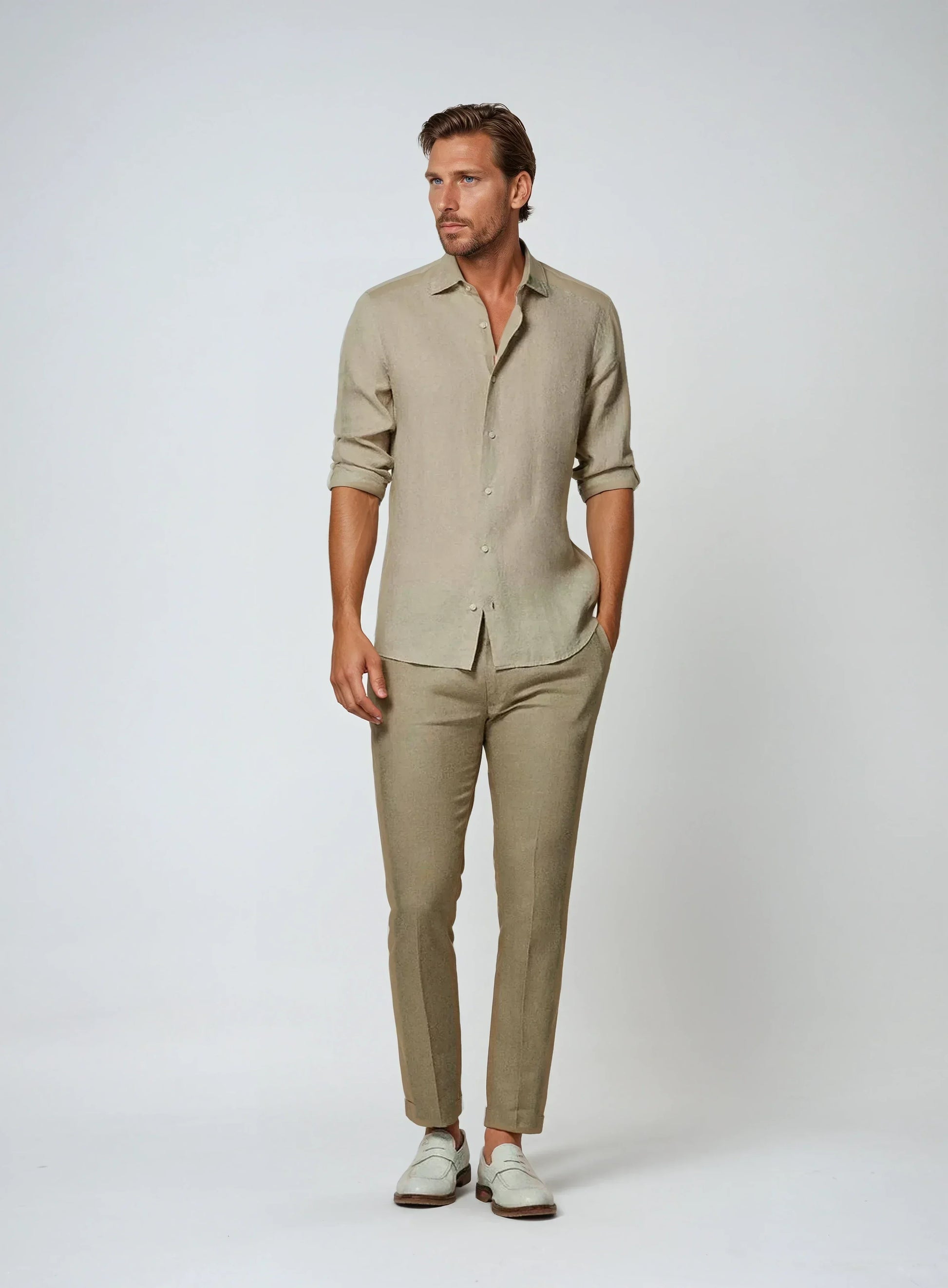 Slim Fit Linnen Overhemd met Lange Mouwen voor Heren