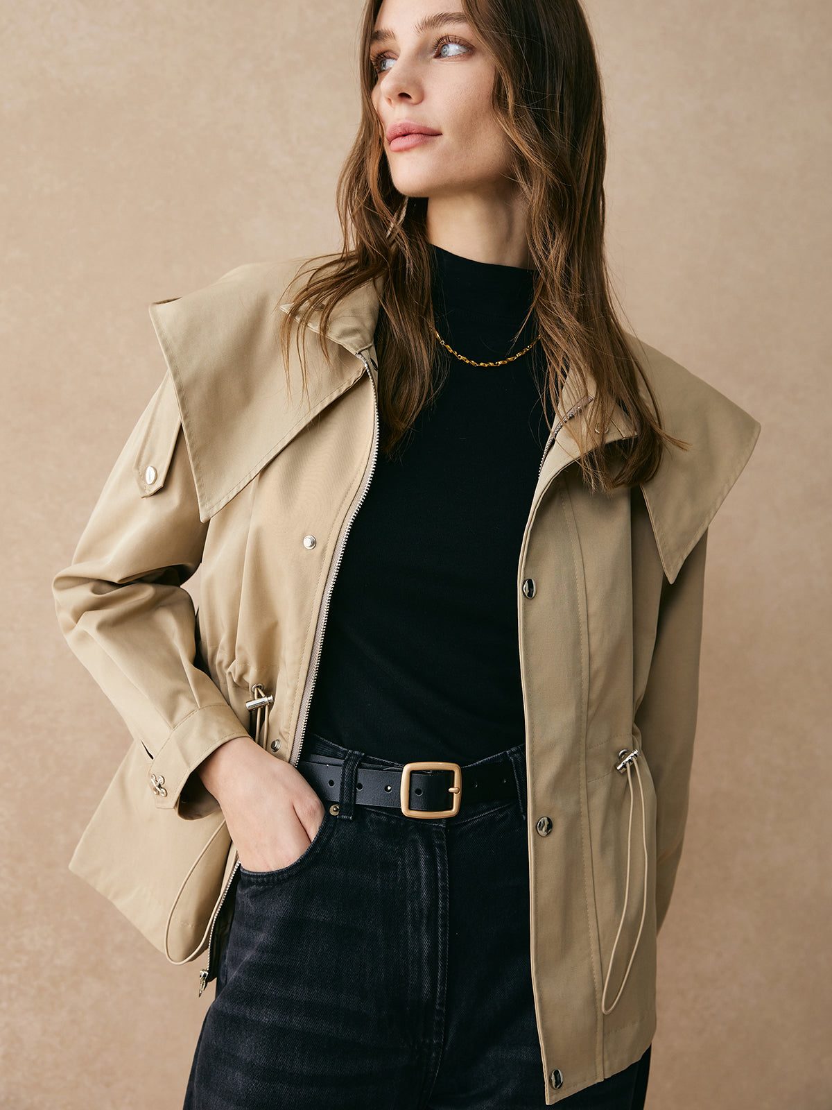 Korte Trenchcoat met Verstelbare Taille voor Dames - Khaki
