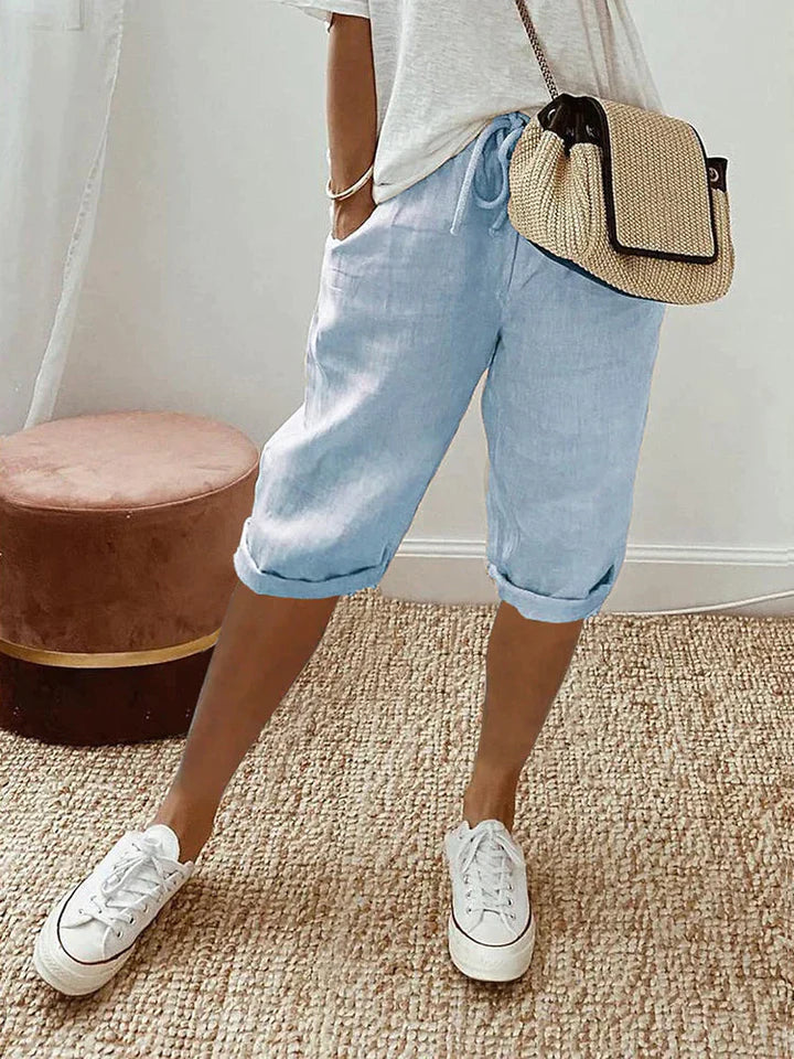 Melodie | Cropped Linen Chino Korte Broek met Steekzakken voor Dames