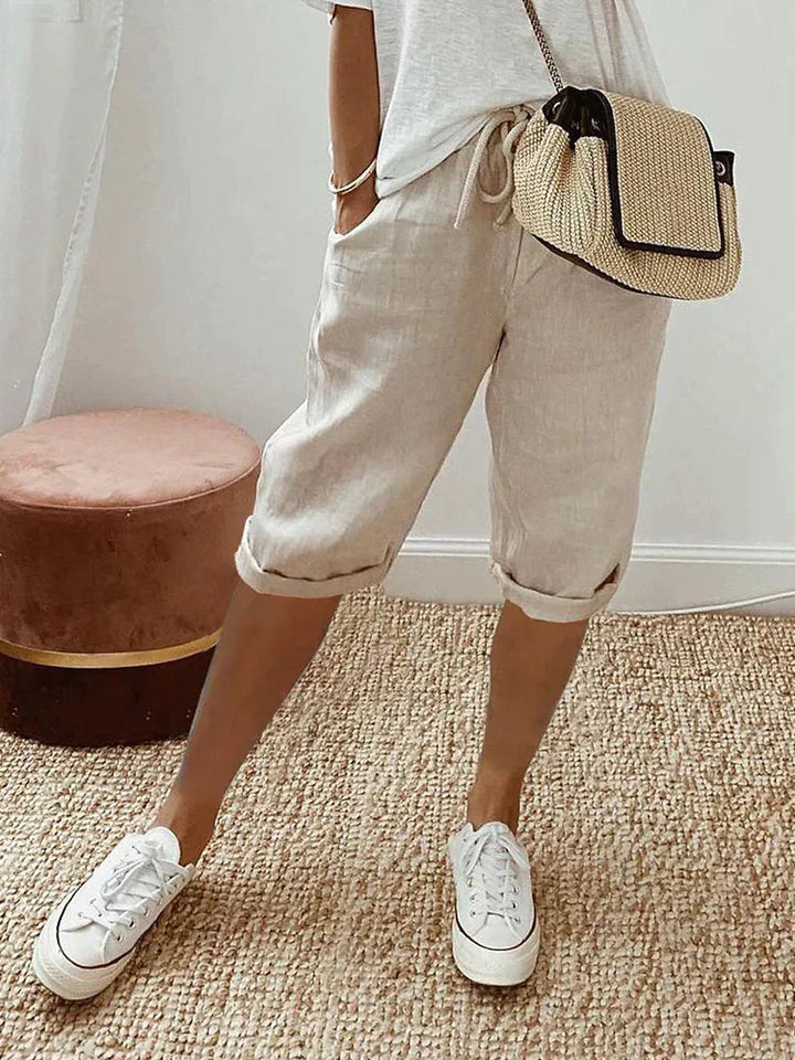 Melodie | Cropped Linen Chino Korte Broek met Steekzakken voor Dames