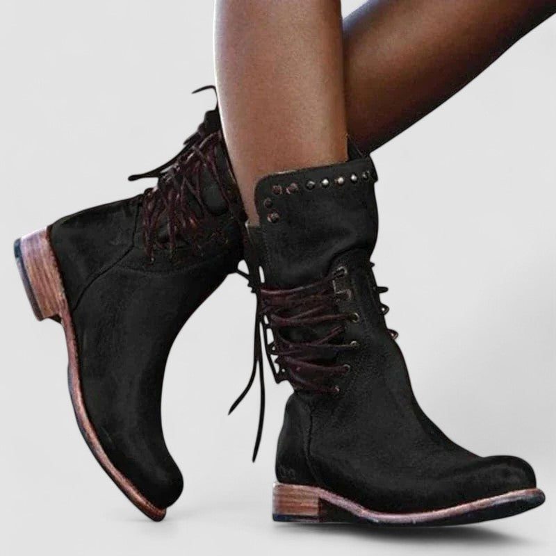 Lace-Up Enkellaarsjes met Blokhak voor Dames - Zwart