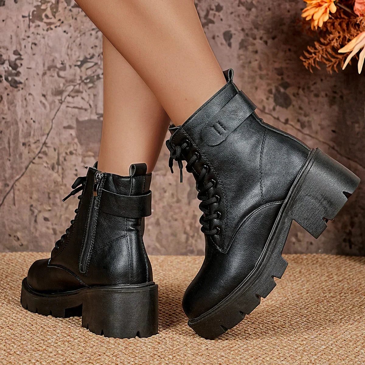 Lace-Up Platform Enkellaarsjes met Blokhak voor Dames - View 5