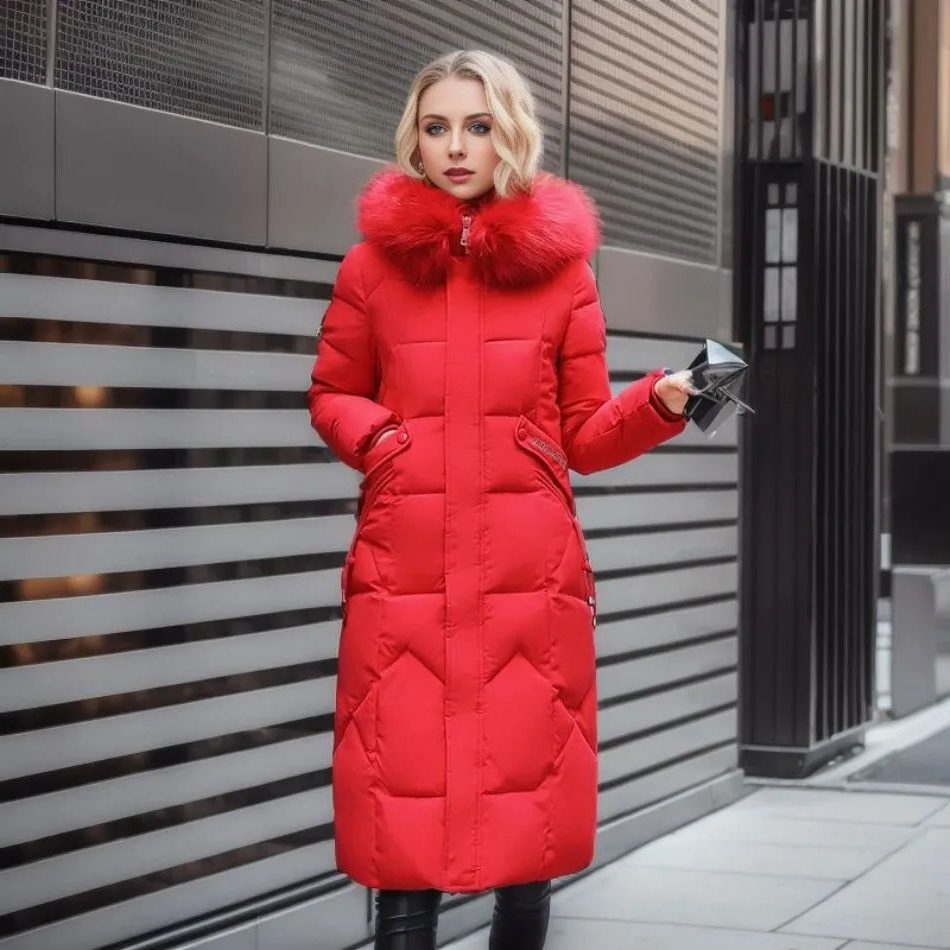 Lange Donzen Winterjas met Opstaande Kraag voor Dames - Rot