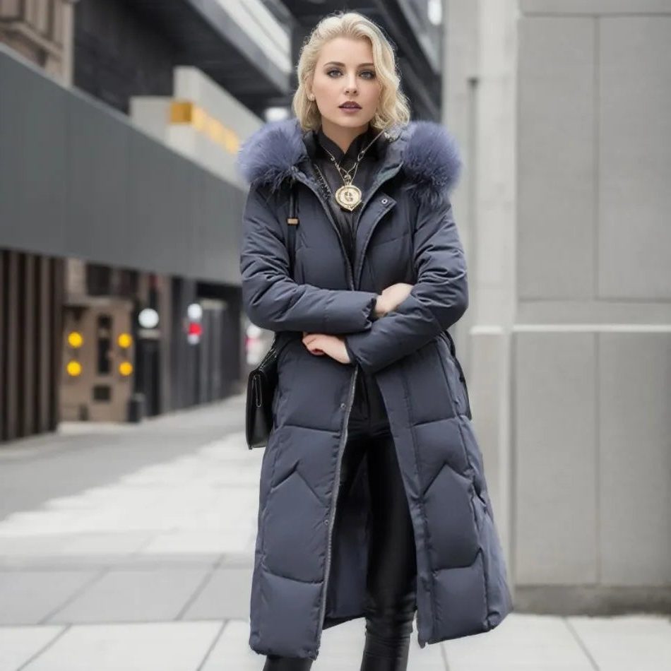 Lange Donzen Winterjas met Opstaande Kraag voor Dames - Grau