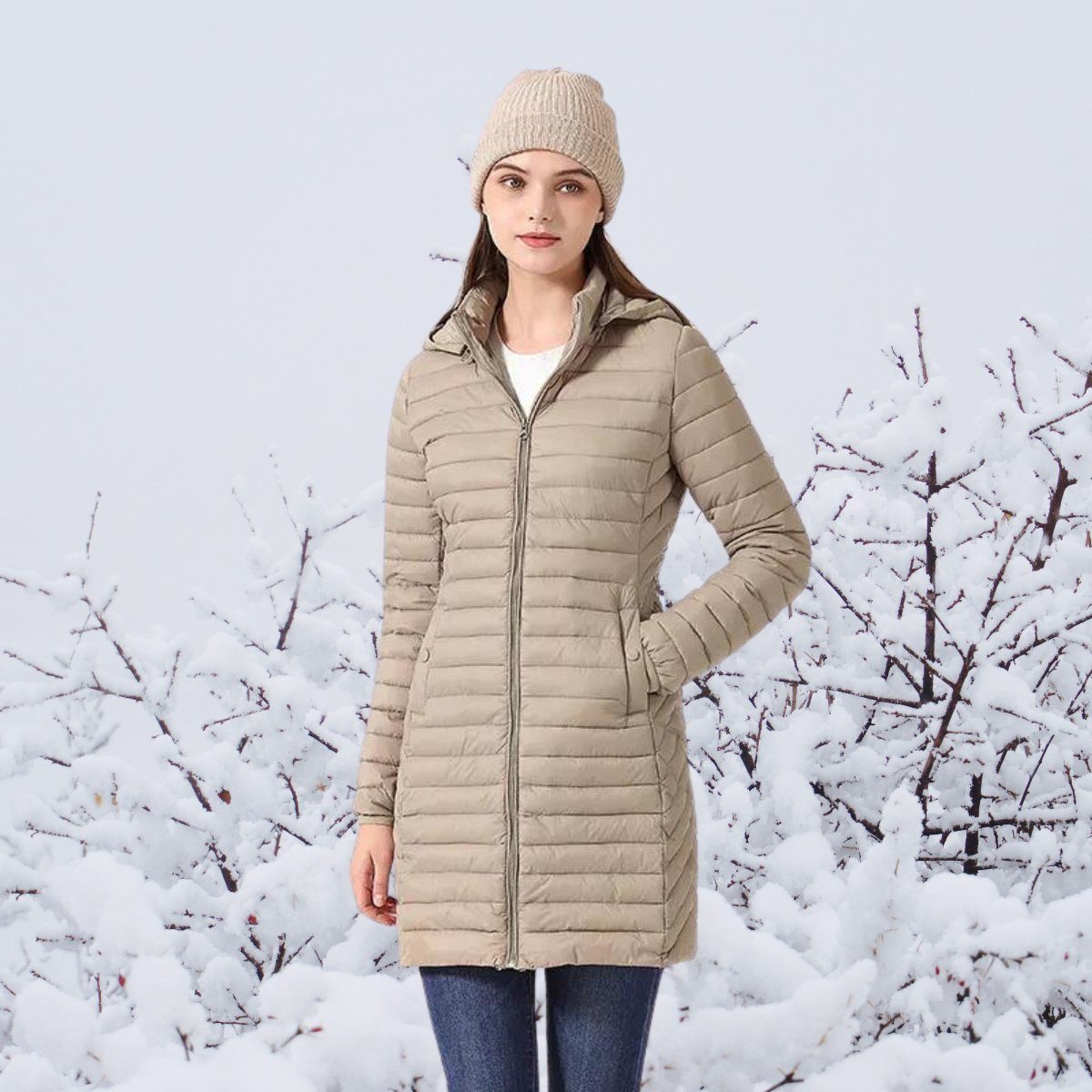 Lange Gewatteerde Parka met Capuchon voor Dames - Beige