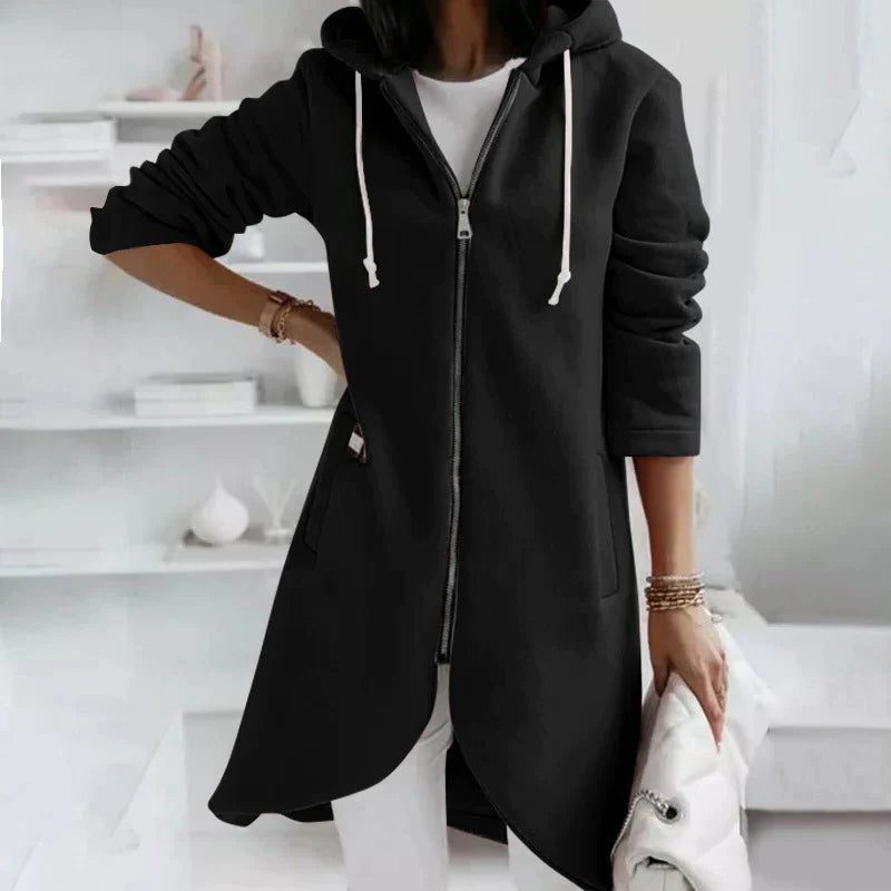 Lange Hoodie Jas met Ritssluiting voor Dames - Zwart
