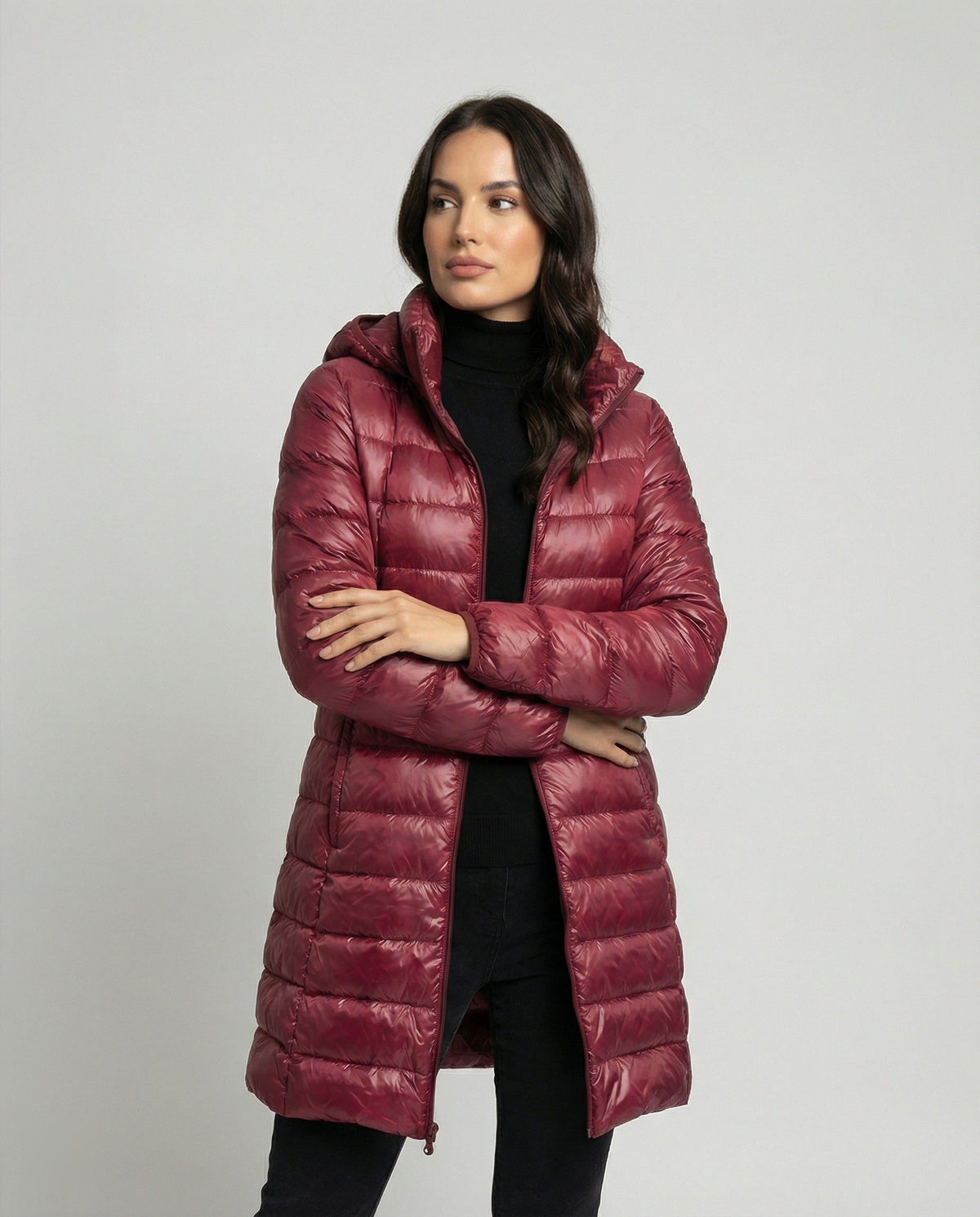 Lange Puffer Jas met Capuchon voor Dames - Burgunderrot