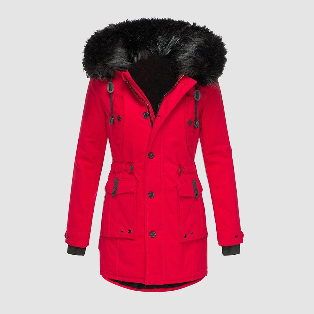 Lange Puffer Winterjas met Bontafvoering Capuchon voor Dames - Rot