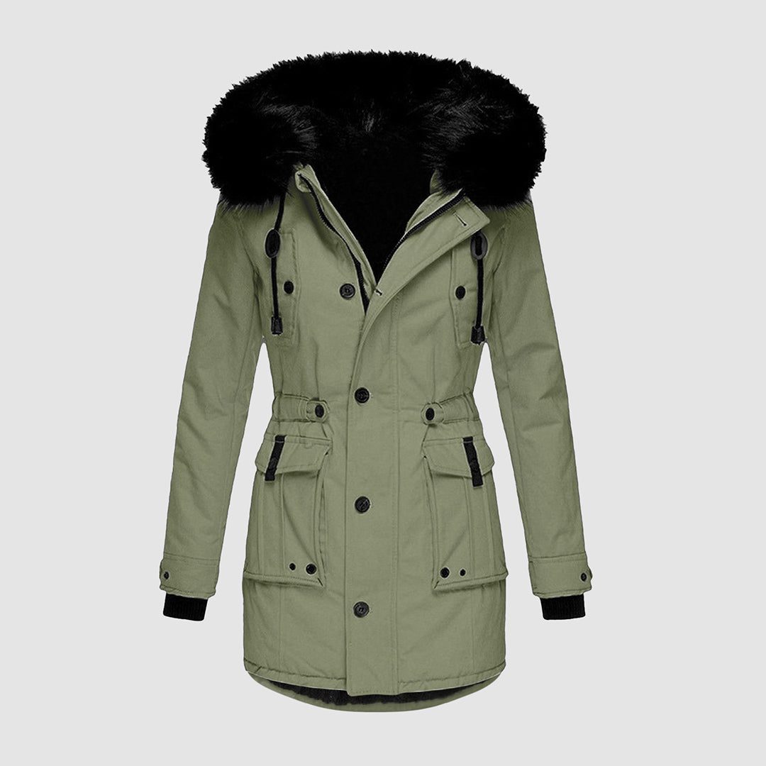 Lange Puffer Winterjas met Bontafvoering Capuchon voor Dames - Grün