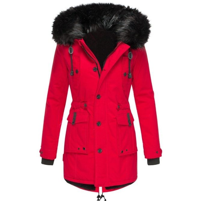 Lange Winterjas met Bontafvoering voor Dames - Rot