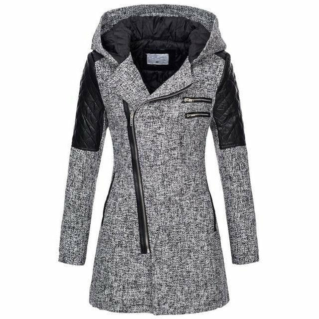 Lange Winterjas met Capuchon en Patchwork Materiaal voor Dames - Grau