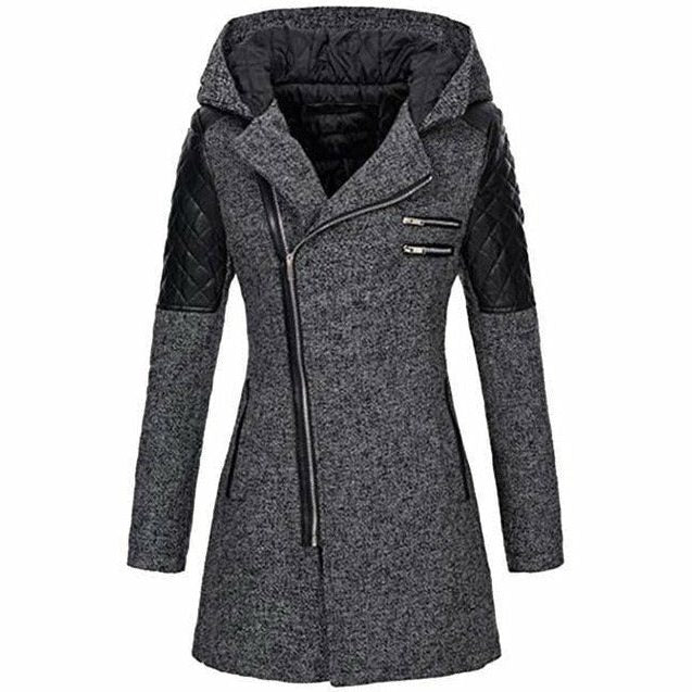 Lange Winterjas met Capuchon en Patchwork Materiaal voor Dames - Dunkelgrau