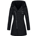 Lange Winterjas met Capuchon en Patchwork Materiaal voor Dames - Schwarz